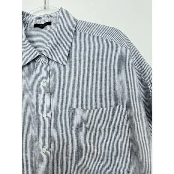 Quince Shirt Women’s Large 100% European Linen Camp Blue Pinstripe - Picture 3 of 10